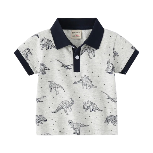 Barns pojkpoloshirt med krage och dinosauriemotiv Kort ärm Grå bomullströja med knappar till mitten Stiliga barnkläder