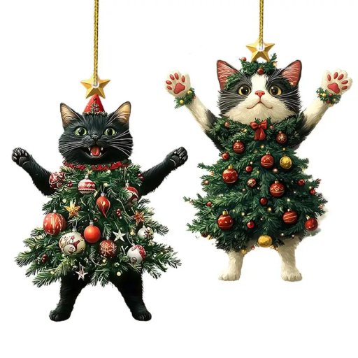 Akrylljulprydnad katt med kropp av julgran 6 x 8 cm 2D hängande dekoration för julgran inredningsdekoration