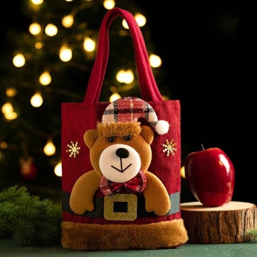 Julklappspåse med nalle 20 x 35 cm Linneduk med handtag Återanvändbar påse för godis och presenter Juldekoration