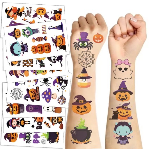 Set med 10 ark temporära tatueringar Halloween 4–7 cm Vattentåliga tatuering klistermärken för barn Pumpor Monstren Spöken