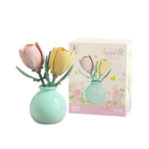 Byggsats Blomma Tulpaner i Grön Vas Dekorativ Modell av Plastbyggsatsdelar Elegantisk Vårblomsterdekoration
