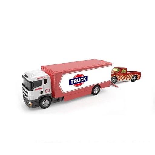 Modell av metalltransportlastbil med liten bil Realistisk miniatyr av lastbil