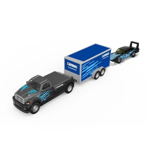 Modell av metallpersonbil med släpvagn och liten bil Realistisk miniatyr