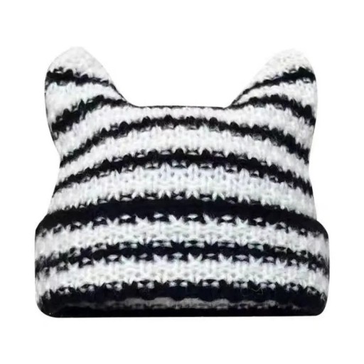 Randig stickad mössa med kattöron 56–59 cm Harajuku Little Devil Stilig unisex vintermössa Bomull Akryl Streetwear