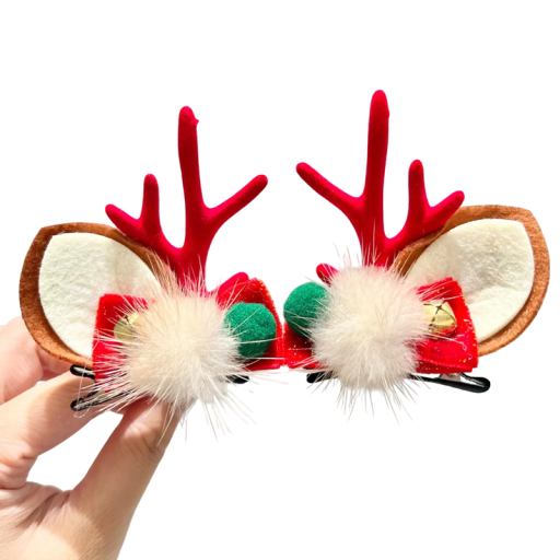 Julhårspännen Renhorn med öron, klockor, pompom och röd rosett Stilig accessoar för julfrisyr