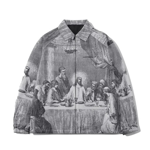 Höstjacka för män grå med motiv av målningen Den sista måltiden med dragkedja och krage unisex dam herr POLYESTER