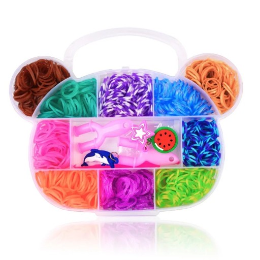 Kreativ uppsättning för smyckestillverkning 600 stycken Förpackning i form av en björn Färgglada gummiband Gummi och plast Med tillbehör för armband