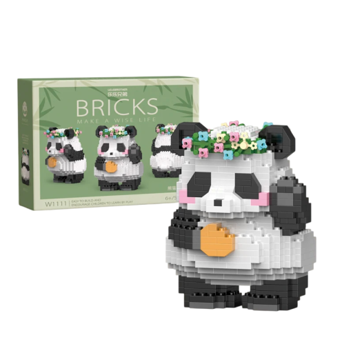 Barnens söta byggsats i form av en panda som står med en blomsterkrans och håller runda kakor i tassarna, 529 bitar