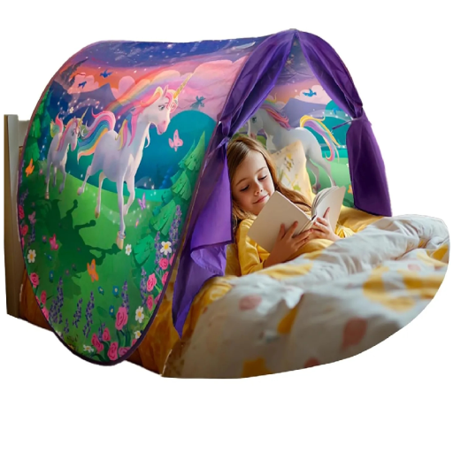 Fällbar barnstuga för säng 220 x 80 cm Mjuk hängande stuga med mönster av enhörningar Magisk läshörna för lugn insomning