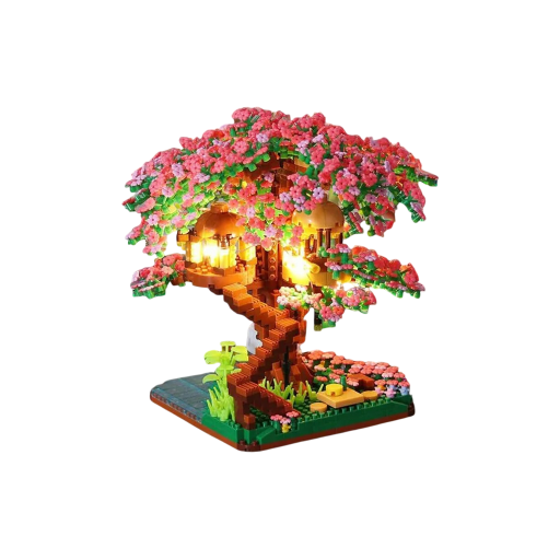 Byggsats Trädhus 15 x 16 x 5,9 cm Ljusande hus i trädets krona Rosa blommor Trappa och trädgård Kreativ dekorativ modell