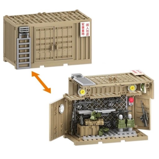 Byggsats militärcontainer 107 delar Öppningsbar låda med utrustning figurer vapen förvaringsutrymme detaljerad dekoration