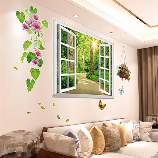 Väggdekaler 50 x 70 cm Öppet fönster mot naturen Efter applicering ca 120 x 73 cm Rumsdekal för vägg