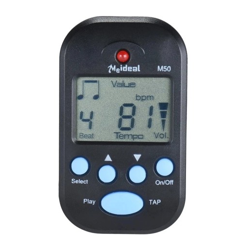 Digital mini metronom 12 x 8 x 3 cm LCD-display 0–9 takter Tempo 30–280 bpm TAP-funktion Klipp och hål för snöre 3,5 mm hörlursutgång