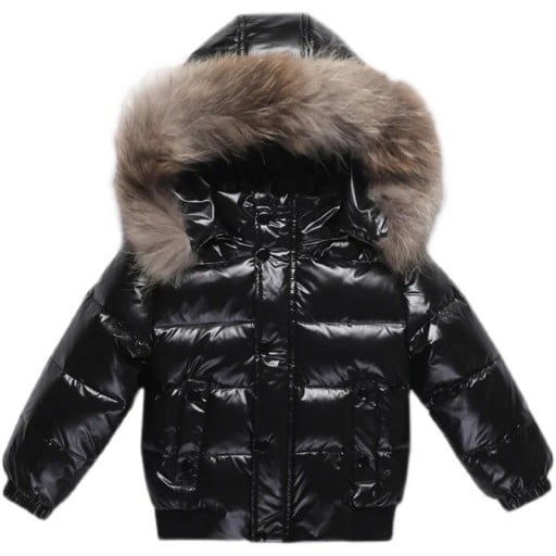 Barn vinterjacka med dragkedja och knappar, med huva och päls, unisex, varm bomulls- och dunjacka med polyesterfiber för kyla