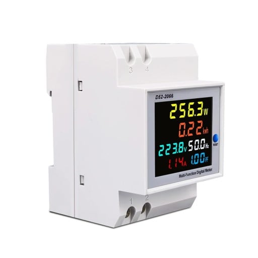 Energimätare för DIN-skena 8 x 6,4 x 5,4 cm AC 250–450 V 100 A Extern transformator Volt amp frekvens kWh digital mätare