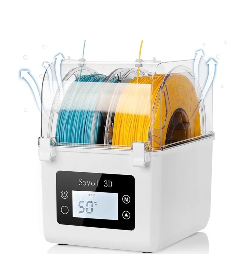 Torkbox för 3D-filament med uppvärmning, temperatur- och fuktighetskontroll, LCD-display och kapacitet för upp till 2 spolar