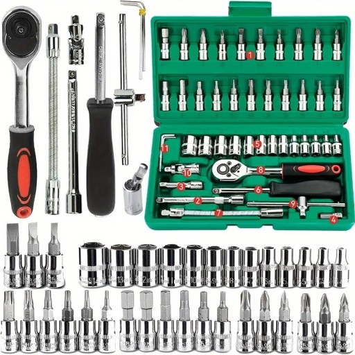 Sats med 46 st handverktyg i väska 23,5 x 12,5 cm Nyckelhuvuden och bitar Komplett sats för reparationer och service