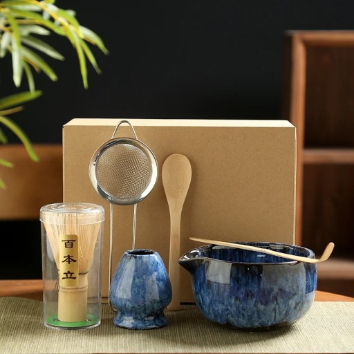 Japansk te-set 6 delar Blå keramik matcha-set med skål, visp, skedar, sil och stativ