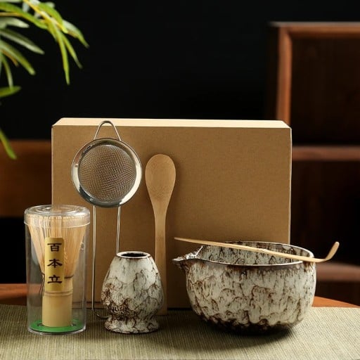 Japansk te-set 6 delar Vit keramik matcha-set med skål, visp, skedar, sil och stativ
