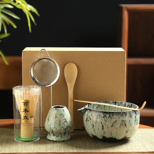 Japansk te-set 6 delar Ljus azurblå keramik matcha-set med skål, visp, skedar, sil och stativ