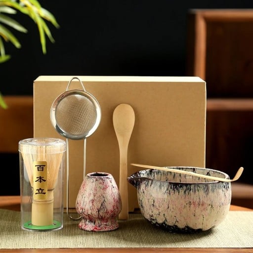 Japansk te-set 6 delar Rosa keramik matcha-set med skål, visp, skedar, sil och stativ