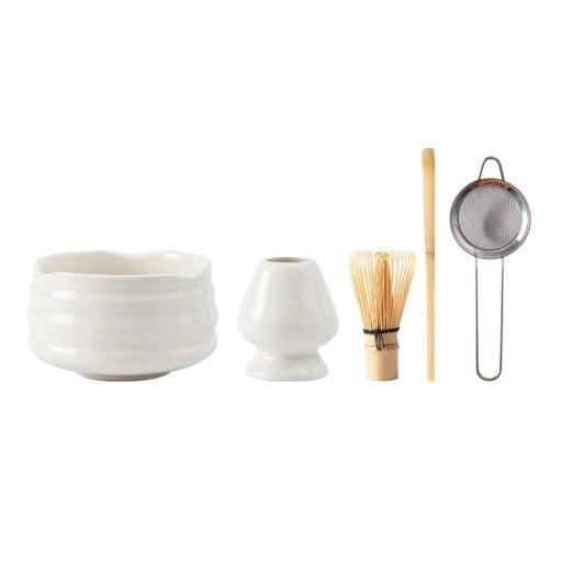 Japansk set för matcha te 5 delar Keramiskt set med skål, visp, sked, sil och stativ