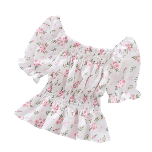 Damsk blommig blus med bar axlar Kort ärm Rynkad design med gummiband i midjan Sommar elegant blus
