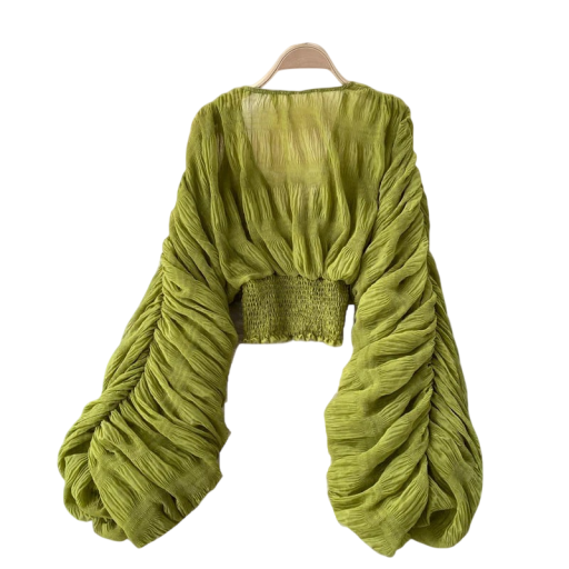 Damsk polopr transparent blus Universell storlek V-ringning Lång ärm Rynkning Gummiband i midjan Elegant