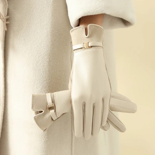 Damernas vinterhandskar universell storlek Touch-värmehandskar av polyester med PU-läder för kalla dagar