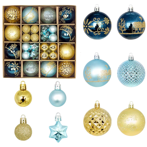Set med 44 st Juldekorationer 3 - 6 cm Blå och guldkombination Kulor och stjärnor Olika storlekar för elegant dekoration av granen