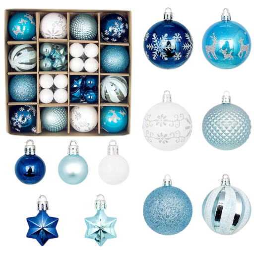 Set med juldekorationer 44 st Diameter 3–6 cm Blå-vita kulor och stjärnor Olika storlekar Dekorationer till julgran Festlig utsmyckning