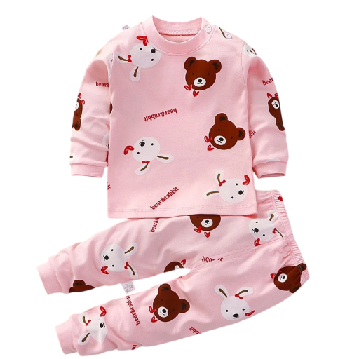 Barnset i rosa med tryck av björn och kanin, tröja med långa ärmar, byxor med resår, unisex, bomullsset