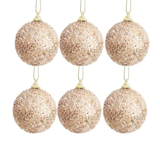 Set med 6 glittrande julkulor 6 cm champagneguld hängande dekorationer för julgran för festlig utsmyckning