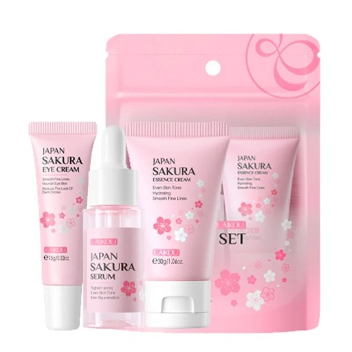 Hudvårdssats med körsbärsblomma Hydrering Ögonkräm 15 g Serum 17 ml Essentiell kräm 30 g Komplett kosmetisk vård