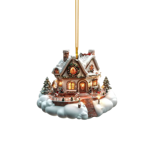 Hängande dekoration 8 x 7 x 0.3 cm Snöig stuga Fönsterdekoration i glas för julgranen Julhängare vinterstuga