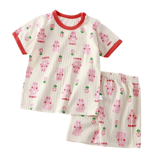 Beige barn unisex sommarset t-shirt med kort ärm och knappar shorts med gummiband O-hals kanintryck