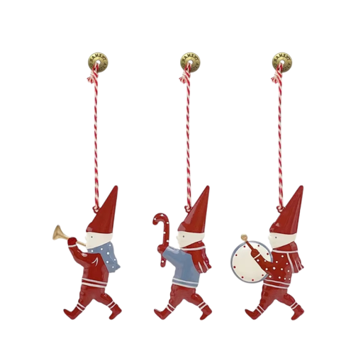 Sagolik set med 3 st metalliska julprydnader tomtar Handmålade figurer med trumpet, käpp och trumma