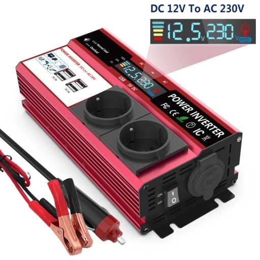 Spänningsomvandlare 12 V till 230 V 20 x 10 x 6 cm 3000 W LCD-skärm EU-uttag USB snabbladdning