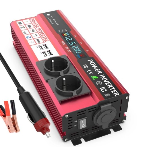 Spänningsomvandlare 12 V till 230 V 25 x 10 x 6 cm 4000 W LCD-skärm EU-uttag USB snabbladdning