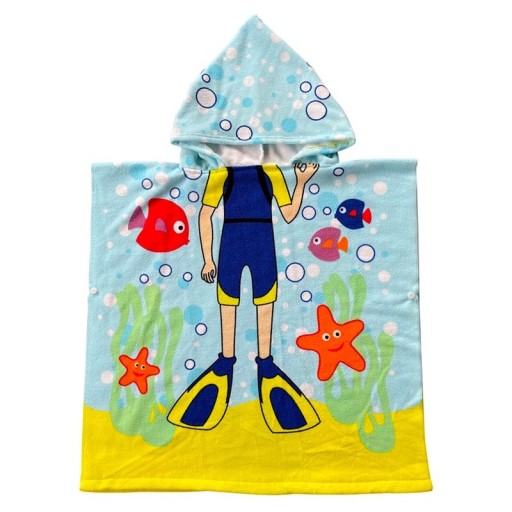 Barnbadrock med huva 60 x 120 cm För höjd 80 - 130 cm Unisex barnbadrock med tryck av dykare och fiskar