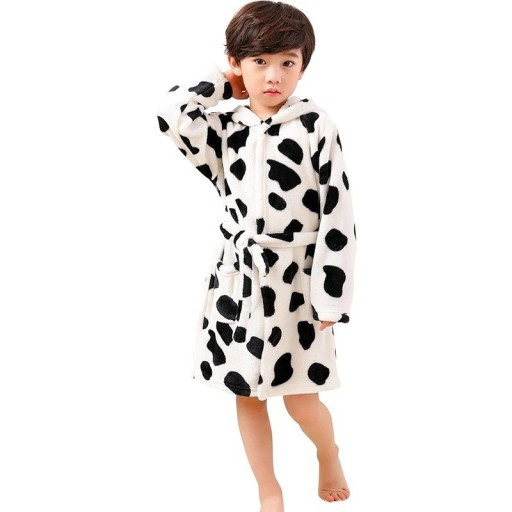 Barnens unisex badrock i plysch med snörning Polyester Vit med svarta prickar Mjuk varm badrock