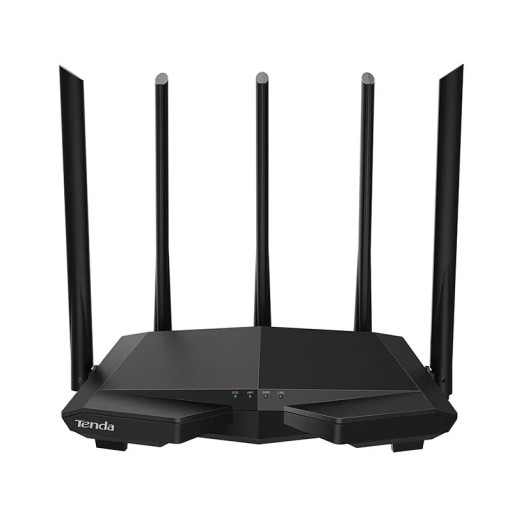 Svart Wi-Fi-router för lägenhet och hus Dubbelfrekvensnät 2,4 + 5 GHz Fem antenner med förstärkt signal Brett täckning
