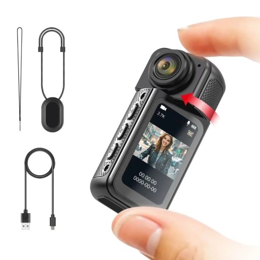 AMORUS Mini 2,7K actionkamera 1080P fickkamera 6,5 x 2,8 x 2,5 cm 1,47" skärm 180° roterande 170° objektiv