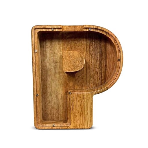 Träbox med bokstaven P 18 cm höjd 2,8 cm bredd Transparent plastdel Dekorativ sparbössa