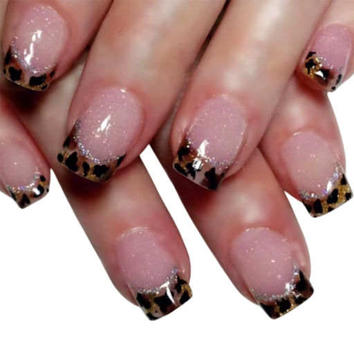 Exklusiva fyrkantiga naglar 24 st Leopardmönster med fin glittrande fransk spets Trendig design för modern handstil