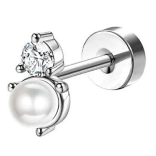 Silver piercingörhänge med pärla och sten 0,8 mm x 6 mm x 10 mm kirurgisk rostfritt stål för känsliga öron