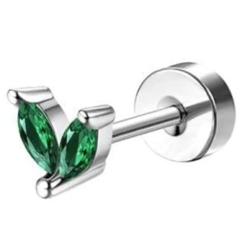 Söljpiercing med grön diamant i bladform 0,8 mm x 6 mm x 10 mm av kirurgiskt rostfritt stål för känsliga öron