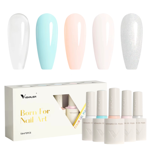Färgad set med gelnagellack 5×10 ml Vegansk kollektion utan HEMA TPO Mjuk konsistens Rund pensel UV LED