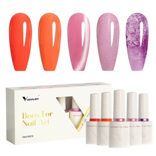 Professionell set med gel nagellack 5×10 ml Vegansk sammansättning utan HEMA TPO Mjuk konsistens Rund pensel UV LED