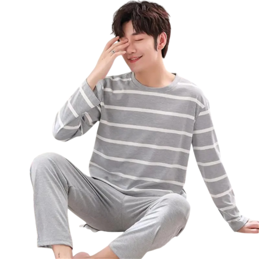 Herrpyjamas set med långärmad tröja och byxor Randig design Bekväm tvådelad set Polyester spandex